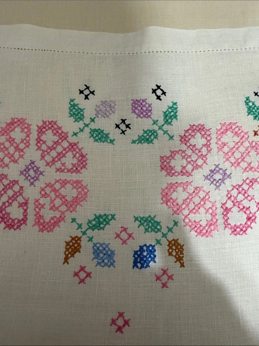 Embroidered Floral Linen Table Runner - Pink & Green